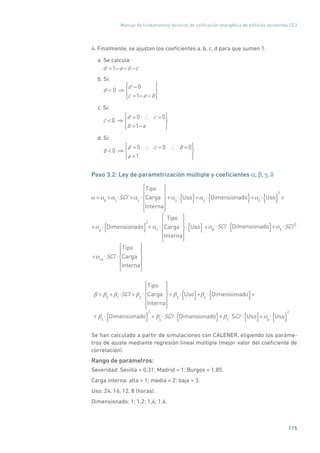Manual de fundamentos técnicos de calificación energética de edificios existentes CE3
115
4. Finalmente, se ajustan los coeficientes a, b, c, d para que sumen 1.
a. Se calcula:
d =1 a b c
b. Si:
d  0
d = 0
c =1 a b
c. Si:
c  0
d = 0 c = 0
b =1 a
d. Si:
b  0
d = 0 c = 0 b = 0
a =1
Paso 3.2: Ley de parametrización múltiple y coeficientes α, β, γ, δ
= 0
+ 1
SCI + 2
Tipo
Carga
Interna
+ 3
Uso{ }+ 4
Dimensionado{ }+ 5
Uso{ }
2
+
6
Dimensionado{ }
2
+ ++ 7
Tipo
Carga
Interna
Uso{ }
+
8
SCI Dimensionado{ }+ 9
SCI 2
10
SCI
Tipo
Carga
Interna
= 0
+ 1
SCI + 2
Tipo
Carga
Interna
+ 3
Uso{ }+
+
4
Dimensionado{ }+
5
Dimensionado{ }
2
+ 6
SCI Dimensionado{ }+ 7
SCI Uso{ }+ 8
Uso{ }
2
Se han calculado a partir de simulaciones con CALENER, eligiendo los paráme-
tros de ajuste mediante regresión lineal múltiple (mejor valor del coeficiente de
correlación).
Rango de parámetros:
Severidad: Sevilla = 0,31; Madrid = 1; Burgos = 1,85.
Carga interna: alta = 1; media = 2; baja = 3.
Uso: 24, 16, 12, 8 (horas).
Dimensionado: 1; 1,2; 1,4; 1,6.
 