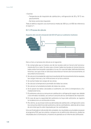 128
Guías IDAE
• Control:
– Temperaturas de impulsión de calefacción y refrigeración de 30 y 18 ºC res-
pectivamente.
– No tiene control de impulsión.
Todo el edificio requiere una iluminancia media de 200 lux y el VEEI de referencia
es igual a 1.
IX.1.2 Proceso de cálculo
Esquema del ciclo de simulación del CE3-GT para un autónomo multizona
Demanda
Demanda
Demanda
Demanda
Autónomo
Consumo transporte
(bombas y ventiladores)
Consumo autónomo
Hora a hora, el proceso de cálculo es el siguiente:
1. Se comprueba que al menos uno de los locales esté en horario de funciona-
miento de frío o calor. En este caso, al tener todos los locales el mismo horario,
todos están funcionando o parados a la vez. En caso de haber definido distintos
horarios, con que el de un solo local estuviese en horario de funcionamiento, el
secundario funcionaría.
2. Se calcula la humedad de cada local resultante del funcionamiento de los equipos,
las cargas internas y las infiltraciones en la hora anterior.
3. Se suman todas las cargas de las zonas.
4. Se calcula la temperatura promedio de todas las zonas.
5. Se calcula la humedad promedio de todas las zonas.
6. Se le pasan los datos calculados al autónomo, así como la temperatura y hu-
medad exteriores.
7. El autónomo calcula su consumo en calefacción o refrigeración según sea, debido
a las entradas recibidas, así como el consumo de los ventiladores de impulsión.
8. En caso de que la capacidad del autónomo no haya sido suficiente, se registra
la incidencia en un archivo de errores.
9. Por último, se acumulan tanto las demandas de calefacción y refrigeración como
los consumos eléctricos del autónomo y de los ventiladores, además de la masa
de aire total que ha sido impulsada por los ventiladores.
Una vez finalizado el cálculo del año completo, los resultados acumulados se pasan
al programa PUC que los analiza, compara con el edificio de referencia, añade los
resultados de la iluminación y muestra en pantalla en el informe de calificación.
 