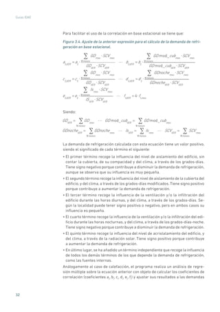 32
Guías IDAE
Para facilitar el uso de la correlación en base estacional se tiene que:
Figura 3.4. Ajuste de la anterior expresión para el cálculo de la demanda de refri-
geración en base estacional.
a2,VER
= a2
GDmes
SCVmes
meses
GDVER
SCVVER
b2,VER
= b2
GD mod_cubmes
SCVmes
meses
GD mod_cubVER
SCVVER
c2,VER
=c2
GDmes
SCVmes
meses
GDVER
SCVVER
d2,VER
=d2
GDnochemes
SCVmes
meses
GDnocheVER
SCVVER
e2,VER
=e2
Ismes
SCVmes
meses
ISVER
SCVVER
f1,VER
= 4 f1,mes
Siendo:
GDVER
= GDmes
meses
GD mod_cubVER
= GD mod_cubmes
meses
GDnocheVER
= GDnochemes
meses
IsVER
= Ismes
meses
SCVVER
= SCVmes
meses
La demanda de refrigeración calculada con esta ecuación tiene un valor positivo,
siendo el significado de cada término el siguiente:
• El primer término recoge la influencia del nivel de aislamiento del edificio, sin
contar la cubierta, de su compacidad y del clima, a través de los grados-días.
Tiene signo negativo porque contribuye a disminuir la demanda de refrigeración,
aunque se observa que su influencia es muy pequeña.
• El segundo término recoge la influencia del nivel de aislamiento de la cubierta del
edificio, y del clima, a través de los grados-días modificados. Tiene signo positivo
porque contribuye a aumentar la demanda de refrigeración.
• El tercer término recoge la influencia de la ventilación y/o la infiltración del
edificio durante las horas diurnas, y del clima, a través de los grados-días. Se-
gún la localidad puede tener signo positivo o negativo, pero en ambos casos su
influencia es pequeña.
• El cuarto término recoge la influencia de la ventilación y/o la infiltración del edi-
ficio durante las horas nocturnas, y del clima, a través de los grados-días-noche.
Tiene signo negativo porque contribuye a disminuir la demanda de refrigeración.
• El quinto término recoge la influencia del nivel de acristalamiento del edificio, y
del clima, a través de la radiación solar. Tiene signo positivo porque contribuye
a aumentar la demanda de refrigeración.
• En último lugar, se ha añadido un término independiente que recoge la influencia
de todos los demás términos de los que depende la demanda de refrigeración,
como las fuentes internas.
Análogamente al caso de calefacción, el programa realiza un análisis de regre-
sión múltiple sobre la ecuación anterior con objeto de calcular los coeficientes de
correlación (coeficientes ai
, bi
, ci
, di
, ei
, fi
) y ajustar sus resultados a las demandas
 