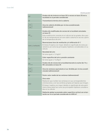 34
Guías IDAE
GD
Grados-día de invierno en base 20 (o verano en base 25) de la
localidad en el periodo considerado
Uc Transmitancia térmica de la cubierta
Ac
Aa
Área de cubierta dividida por el área acondicionada
(adimensional)
GDmod
Grados-día modificados de verano de la localidad calculados
en base 25
Esta modificación consiste en el cálculo de los grados-día a par-
tir de las temperaturas sol-aire sobre cubierta en vez de a partir
de la temperatura de aire
renh y renhoche
Renovaciones hora de ventilación y/o infiltración (h-1
)
El Anexo II explica con mayor detalle el significado de estos pa-
rámetros así como las principales hipótesis consideradas en su
cálculo
ρ
Densidad del aire
Se toma igual a 1,2 kg/m3
Cp
Calor específico del aire a presión constante
Se toma igual a 1 kJ/kg K
GDnoche
Grados-día de verano de la localidad durante la noche (de 1h a
8h) calculados en base 25
Av
Aa
Área de ventanas equivalente al sur dividida por el área acondi-
cionada (adimensional)
(g) Factor solar medio de las ventanas (adimensional)
(AS)
Área solar
Radiación que reciben las ventanas en sus correspondientes
orientaciones y con las sombras propias y/o lejanas que tengan.
El Anexo I explica con mayor detalle el significado de este pará-
metro (área solar) así como las principales hipótesis considera-
das en su cálculo
Is
Radiación global acumulada sobre superficie vertical con orien-
tación sur en el periodo considerado en kWh/m2
(Continuación)
 