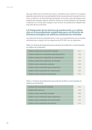 44
Guías IDAE
Hay que añadir que el número de casos a considerar para construir la muestra
depende obviamente de la estabilidad del factor de ponderación buscado frente al
clima, al edificio y al dimensionado del equipo. En muchos casos de equipos muy
estables (por ejemplo, algunas calderas), basta una muestra pequeña, por ejemplo
2 edificios en 3 climas para asegurar que el factor de ponderación elegido tiene
precisión técnica suficiente.
4.3 Integración de los factores de ponderación y su utiliza-
ción en el procedimiento simplificado para certificación de
eficiencia energética de edificios existentes de viviendas
Las tablas de factores de ponderación a usar en el procedimiento para viviendas
existentes que cumplan con las exigencias del CTE-HE1 son las siguientes:
Tabla 4.6. Factores de ponderación para sistemas de calefacción y mixtos basados
en calderas de combustión
Caldera calefacción combustión estándar 0,97
Caldera calefacción combustión baja temperatura 1,00
Caldera calefacción combustión de condensación 1,08
Caldera calefacción combustión de biomasa 0,74
Caldera mixta combustión estándar 0,98
Caldera mixta combustión baja temperatura 1,00
Caldera mixta combustión de condensación 1,06
Caldera mixta combustión de biomasa 0,76
Tabla 4.7. Factores de ponderación para sistemas de ACS y mixtos basados en
calderas de combustión
Caldera ACS combustión estándar 0,93
Caldera ACS eléctrica 1,00
Caldera mixta combustión estándar 0,98
Caldera mixta combustión baja temperatura 1,00
Caldera mixta combustión de condensación 1,06
Caldera mixta combustión de biomasa 0,76
 
