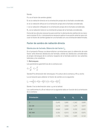66
Guías IDAE
Donde:
Fs: es el factor de sombra global.
D: es la radiación directa en la orientación propia de la fachada considerada.
d: es la radiación difusa en la orientación propia de la fachada considerada.
r: es la radiación reflejada en la orientación propia de la fachada considerada.
RT
: es la radiación total en la orientación propia de la fachada considerada.
Como de los cálculos necesarios para estimar la demanda de calefacción es nece-
sario conocer D, d y r, únicamente es necesario aplicar la ecuación anterior para cal-
cular el factor de sombra global en una fachada con una orientación determinada.
Factor de sombra de radiación directa
Obstáculos de fachada. Obtención del factor fD1
En el proyecto Passys se desarrollaron correlaciones para la obtención de este
factor ante diversos obstáculos de fachada, siendo los obstáculos considerados
el propio retranqueo de la ventana respecto de la fachada exterior, los salientes
laterales y los voladizos.
1. Retranqueo
Los parámetros geométricos de la ventana son:
P1
=
R
W
P2
=
R
H
Siendo R la dimensión del retranqueo, H la altura de la ventana y W su ancho
La correlación para obtener el factor de sombra es la siguiente:
fD1
= exp A1
+B1( )( )P1
+ A2
+B2 ( )( )P2
Donde: δ es la declinación solar y φ es la latitud.
Los coeficientes A y B se indican en la siguiente tabla en función de la orientación
de la ventana:
Orientación A1
B1
A2
B2
S -5,695 0,081 -1,342 0,009
SE-SW -2,418 0,032 -1,479 0,017
E-W -0,868 0,009 0,232 -0,022
NE-NW 0,336 -0,013 -0,320 -0,074
N -1,193 0,036 -1,825 -0,163
 