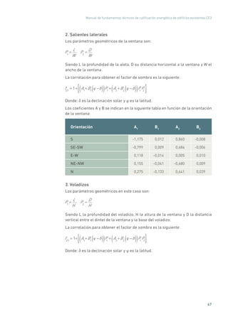 Manual de fundamentos técnicos de calificación energética de edificios existentes CE3
67
2. Salientes laterales
Los parámetros geométricos de la ventana son:
P1
=
L
W
P2
=
D
W
Siendo L la profundidad de la aleta, D su distancia horizontal a la ventana y W el
ancho de la ventana.
La correlación para obtener el factor de sombra es la siguiente:
fD1
= 1+ A1
+B1( )( )P1
+ A2
+B2 ( )( )P1
P2
Donde: δ es la declinación solar y φ es la latitud.
Los coeficientes A y B se indican en la siguiente tabla en función de la orientación
de la ventana:
Orientación A1
B1
A2
B2
S -1,175 0,012 0,860 -0,008
SE-SW -0,799 0,009 0,684 -0,006
E-W 0,118 -0,014 0,005 0,010
NE-NW 0,155 -0,041 -0,680 0,009
N 0,275 -0,133 0,641 0,039
3. Voladizos
Los parámetros geométricos en este caso son:
P1
=
L
H
P2
=
D
H
Siendo L la profundidad del voladizo, H la altura de la ventana y D la distancia
vertical entre el dintel de la ventana y la base del voladizo.
La correlación para obtener el factor de sombra es la siguiente:
fD1
= 1+ A1
+B1( )( )P1
+ A2
+B2 ( )( )P1
P2
Donde: δ es la declinación solar y φ es la latitud.
 