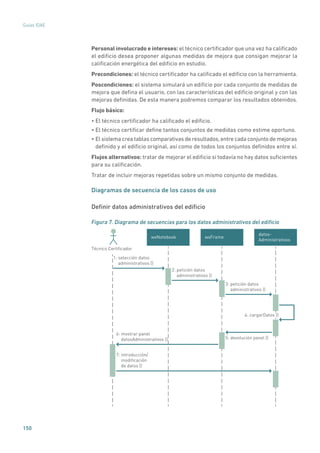150
Guías IDAE
Personal involucrado e intereses: el técnico certificador que una vez ha calificado
el edificio desea proponer algunas medidas de mejora que consigan mejorar la
calificación energética del edificio en estudio.
Precondiciones: el técnico certificador ha calificado el edificio con la herramienta.
Poscondiciones: el sistema simulará un edificio por cada conjunto de medidas de
mejora que defina el usuario, con las características del edificio original y con las
mejoras definidas. De esta manera podremos comparar los resultados obtenidos.
Flujo básico:
• El técnico certificador ha calificado el edificio.
• El técnico certificar define tantos conjuntos de medidas como estime oportuno.
• El sistema crea tablas comparativas de resultados,entre cada conjunto de mejoras
definido y el edificio original, así como de todos los conjuntos definidos entre sí.
Flujos alternativos: tratar de mejorar el edificio si todavía no hay datos suficientes
para su calificación.
Tratar de incluir mejoras repetidas sobre un mismo conjunto de medidas.
Diagramas de secuencia de los casos de uso
Definir datos administrativos del edificio
Figura 7. Diagrama de secuencias para los datos administrativos del edificio
datos-
Administrativos
wxFramewxNotebook
1: selección datos
administrativos ()
2: petición datos
administrativos ()
3: petición datos
administrativos ()
5: devolución panel ()
Técnico Certiﬁcador
6: mostrar panel
datosAdministrativos ()
7: introducción/
modiﬁcación
de datos ()
4: cargarDatos ()
 