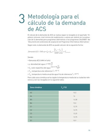3
15
Metodología para el
cálculo de la demanda
de ACS
El cálculo de la demanda de ACS se realiza según lo recogido en el apartado “Hi-
pótesis comunes, nivel mínimo de modelización y valores por defecto en la evalua-
ción de la demanda para programas alternativos a los programas CALENER” del
“Documento de condiciones de aceptación de Programas Informáticos Alternativos”.
Según esto, la demanda de ACS se puede calcular de la siguiente forma:
Demanda ACS = 360* *C * QACS *
Tref TAF( )
3600*area
+ Pacumulación
Siendo:
• Demanda ACS (kWh/m2
año).
• ρ: densidad del agua ρ=1000
kg
m3
• Cp
: calor específico del agua
Cp=4.18
kj
kgK
• Tref
: temperatura de referenciaTref
=60 ºC
• TAF
: temperatura media anual de agua fría de referenciaTref
=60 ºC
Para cada zona climática se ha cogido la temperatura media de la ciudad de refe-
rencia y son las recogidas en la siguiente tabla:
Zona climática Taf
(°C)
A3 15,5
A4 16
B3 14,58
B4 15,5
C1 12,75
C2 13,75
C3 13,25
C4 13,75
D1 10,9
 