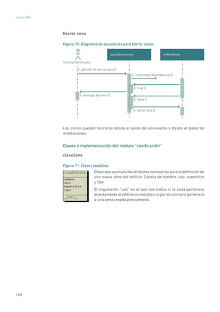 190
Guías IDAE
Borrar zona
Figura 70. Diagrama de secuencias para borrar zonas
wxNotebookpanelEnvolvente
Técnico Certiﬁcador
3: True ()
1: petición de borrar zona ()
5: False ()
4: mensaje de error ()
2: comprobar dependencias ()
6: borrar zona ()
Las zonas pueden borrarse desde el panel de envolvente o desde el panel de
instalaciones.
Clases e implementación del módulo “zonificación”
claseZona
Figura 71. Clase claseZona
	
Clase que acumula los atributos necesarios para la definición de
una nueva zona del edificio. Consta de nombre, raíz, superficie
y tipo.
El argumento “raíz” es el que nos indica si la zona pertenece
directamente al edificio en estudio o si por el contrario pertenece
a una zona creada previamente.
 