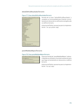 Manual de fundamentos técnicos de calificación energética de edificios existentes CE3
X
195
datosEdificioResultadosTerciario
Figura 77. Clase datosEdificioResultadosTerciario
	
Hereda de la clase “datosEdificioResultados” y
completa su funcionalidad para finalizar correc-
tamente el cálculo de la calificación energética de
un edificio terciario.
Librerías de Python necesarias para la implemen-
tación: “os, sys, pickle, copy”.
panelMedidasMejoraTerciario
Figura 78. Clase panelMedidasMejoraTerciario
	
Clasequeheredade“panelMedidasMejora”sobres-
cribiendo los atributos y funciones necesarias para
que haga correctamente el cálculo de un edificio
terciario.
Librerías de Python necesarias para la implemen-
tación: “os, sys, copy”.
 