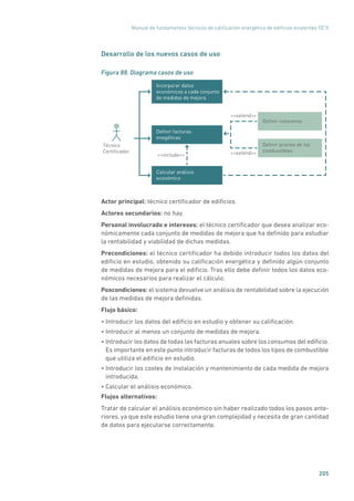 Manual de fundamentos técnicos de calificación energética de edificios existentes CE3
X
205
Desarrollo de los nuevos casos de uso
Figura 88. Diagrama casos de uso
extend
extend
Deﬁnir consumos
Deﬁnir precios de los
combustibles
Deﬁnir facturas
enegéticas
Calcular análisis
económico
include
Incorporar datos
económicos a cada conjunto
de medidas de mejora
Técnico
Certiﬁcador
Actor principal: técnico certificador de edificios.
Actores secundarios: no hay.
Personal involucrado e intereses: el técnico certificador que desea analizar eco-
nómicamente cada conjunto de medidas de mejora que ha definido para estudiar
la rentabilidad y viabilidad de dichas medidas.
Precondiciones: el técnico certificador ha debido introducir todos los datos del
edificio en estudio, obtenido su calificación energética y definido algún conjunto
de medidas de mejora para el edificio. Tras ello debe definir todos los datos eco-
nómicos necesarios para realizar el cálculo.
Poscondiciones: el sistema devuelve un análisis de rentabilidad sobre la ejecución
de las medidas de mejora definidas.
Flujo básico:
• Introducir los datos del edificio en estudio y obtener su calificación.
• Introducir al menos un conjunto de medidas de mejora.
• Introducir los datos de todas las facturas anuales sobre los consumos del edificio.
Es importante en este punto introducir facturas de todos los tipos de combustible
que utiliza el edificio en estudio.
• Introducir los costes de instalación y mantenimiento de cada medida de mejora
introducida.
• Calcular el análisis económico.
Flujos alternativos:
Tratar de calcular el análisis económico sin haber realizado todos los pasos ante-
riores, ya que este estudio tiene una gran complejidad y necesita de gran cantidad
de datos para ejecutarse correctamente.
 