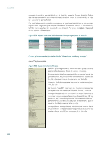 230
Guías IDAE
conocer el nombre, que será único, y el tipo (U= usuario, C= por defecto). Sobre
los vidrios conocemos su nombre (único), el factor solar, la U del vidrio y el tipo
(U= usuario, C= por defecto).
Por otro lado encontramos los marcos que al igual que los vidrios, se encuentran
organizados en grupos y de los que conocemos su nombre (único), la absortividad,
la U del marco y su tipo (U= usuario, C= por defecto). Por lo que el modelo relacional
de las nuevas tablas queda:
Figura 129. Modelo relacional de la base de datos para gestionar el módulo
NAME VARCHAR (45)
ABSORTIVIDAD DECIMAL (5)
UMARCO DECIMAL (5)
TYPE VARCHAR (1)
grupoMarco_NAME VARCHAR (45)
marco
Indexes
NAME VARCHAR (45)
TYPE VARCHAR (1)
grupoMarco
Indexes
NAME VARCHAR (45)
UVIDRIO DECIMAL (5)
FACTORSOLAR DECIMAL (5)
TYPE VARCHAR (1)
grupoVidrio_NAME VARCHAR (45)
vidrio
Indexes
NAME VARCHAR (45)
TYPE VARCHAR (1)
grupoVidrio
Indexes
Clases e implementación del módulo “librería de vidrios y marcos”
menuVidriosMarcos
Figura 130. Clase menuVidriosMarcos
	
Ventana que integra todo lo necesario para que el usuario
gestione las bases de datos de vidrios y marcos.
El usuario podrá definir nuevos vidrios y marcos,borrarlos
y modificarlos. No podrá borrar o modificar los objetos de
las librerías que incluye el programa por defecto.
Librerías de Python necesarias para la implementación:
“wx, os, sys”.
La librería “creaBD” incorpora las funciones necesarias
para gestionar las bases de datos de vidrios y marcos.
Incorporamos en la clase “wxFrame” un nuevo elemento al
menú para tener acceso a la ventana de gestión de vidrios
y marcos, así como el argumento “libreriaVidriosMarcos”
para tener disponibles los objetos de la librería que el
usuario decida incorporar al proyecto.
Incorporamos en el panel de definición de huecos de la
envolvente los campos necesarios para que el usuario les
pueda asignar un vidrio y un marco de la librería.
 