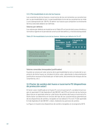 62
Guías IDAE
3.2.2 Permeabilidad al aire de los huecos
Las carpinterías de los huecos y lucernarios de los cerramientos se caracterizan
por su permeabilidad al aire. La permeabilidad al aire de las carpinterías se mide
a una sobrepresión de 100 Pa. Al definir los huecos que componen la envolvente
térmica este dato deberá ser definido.
Valores por defecto
Los valores por defecto se muestran en la Tabla 29, en función de la zona climática y
normativa vigente en el periodo de construcción del edificio,y nivel de estanqueidad.
Tabla 29. Permeabilidad al aire de los huecos. Valores por defecto (m3
/h m²)
Banda
cronológica A y B
(hasta
2007)
C (a partir de
2008)
Zona
climática
A B C D E
Estanco (hueco sellado
eficientemente donde no hay
infiltraciones aparentes)
50 50 27
Poco estanco (hueco donde
se producen numerosas
infiltraciones de aire)
100
Valores conocidos (ensayados/justificados)
Cuando se conozca el valor preciso de la permeabilidad al aire a través de la car-
pintería de dicho hueco se introducirá dicho valor, adjuntando la documentación
justificativa necesaria (facilitada por el fabricante, documentos de ensayos de las
carpinterías, etc.).
3.3 Factor de sombra del hueco o lucernario FS (dispositivos
de protección solar)
El factor solar modificado en el hueco FH o en el lucernario FL se determinará se-
gún el apartado E.2 del Apéndice E del DB HE1 del CTE en función de los factores
descritos en el apartado anterior y del factor de sombra del hueco o lucernario Fs.
Dicho factor se determina en función del tipo de las características geométricas
de los dispositivos de sombra, recogidos en las tablas E.10 a la E.15 del apartado
E.2 del Apéndice E del DB HE1, o bien, mediante los patrones de sombra.
La Figura 4 muestra los dispositivos de sombra recogidos en el programa CE3
X.
 