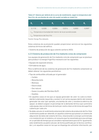Manual de fundamentos técnicos de calificación energética de edificios existentes CE3
X
89
Tabla 47. Valores por defecto de la curva de rendimiento, según la temperatura del
foco frío, de una bomba de calor de caudal variable en modo frío
B0
B1
B2
B3
B4
B5
0,1118 0,0285 -0,0004 0,0214 0,0002 -0,0007
thint
: Temperatura humedad del interior de local acondicionado
text
: Temperatura del foco frío
Fuente: Energy Plus datasets.
Estos sistemas de acumulación pueden proporcionar servicio en los siguientes
sistemas térmicos del edificio:
• Sistema de producción de agua caliente sanitaria (ACS).
4.2.5 Sistema de producción de frío mediante ciclos de compresión
Los equipos de generación de frío mediante ciclo de compresión que se plantean
para producir la energía frigorífica necesaria son los siguientes:
• Equipos de expansión directa.
• Enfriadoras de agua.
Para la definición de los sistemas de generación de frío mediante compresión se
deben obtener los siguientes parámetros:
• Tipo de combustible utilizado por el generador:
– Carbón.
– Biocarburante.
– Biomasa.
– Electricidad.
– Gas natural.
– Gases Licuados del Petróleo (GLP).
– Gasóleo.
• En aquellos casos en los que un equipo generador de calor no cubra la totali-
dad de la demanda requerida y existan (o no) varios equipos dentro del sistema
generador de calor (por ejemplo, una bomba de calor y resistencia eléctrica de
apoyo), se deberá asignar el porcentaje de la demanda térmica que suministra
cada equipo, bien en términos de tanto por ciento o bien en términos de superficie
cubierta por cada uno.
• Se debe calcular el rendimiento estacional del sistema de producción de frío. Este
rendimiento puede ser obtenido, en aquellos sistemas que posean un sistema de
adquisición de datos del sistema térmico, relacionando la energía suministrada
a la instalación por el sistema y el consumo que ha necesitado para esa entrega
en un período de tiempo que se considere representativo para tal fin. Igualmente,
este rendimiento se podrá calcular, de forma justificada por el técnico-certifica-
dor y en aquellos casos en los que se disponga de suficiente información, por
 
