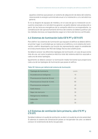 Manual de fundamentos técnicos de calificación energética de edificios existentes CE3
X
93
aquellos sistemas que posean un sistema de adquisición de datos del sistema,
relacionando la energía suministrada anual a la instalación o a la red eléctrica
general.
Si no se dispone de equipos de medida y en el caso de que la instalación se en-
cuentre conectada a la red eléctrica general, se podrá obtener esta producción a
partir de las facturas energéticas de la compañía eléctrica correspondiente. La
contabilización del aprovechamiento térmico del sistema se deberá justificar por
los métodos técnicos correspondientes según el criterio del técnico-certificador.
4.4 Sistemas de iluminación (sólo CE3
X PT y CE3
X GT)
Para definir los sistemas de iluminación que equipan el edificio se deberá definir,
en primer lugar, la actividad que se realiza en el edificio y si el sistema de ilumi-
nación a definir desempeña una función de representación según lo establecido
en el documento básico del HE3 del Código Técnico de la Edificación.
Se deberá conocer las diferentes tipologías de iluminación, en caso de que exista
más de una, así como la potencia eléctrica total del sistema eléctrico asociado a
cada una de estas tipologías.
Igualmente se deberá conocer la iluminación media horizontal que proporciona
cada una de las tipologías de iluminación que posea el edificio.
Tabla 50. Valores por defecto del sistema de iluminación
Tipología de iluminaría Lm/m
Incandescencia halógenas 10
Fluorescencia lineal de 26 mm 65
Fluorescencia lineal de 16 mm 80
Fluorescencia compacta 60
Sodio blanco 50
Vapor de mercurio 30
Halogenuros metálicos 70
Inducción 64
LED 30
4.5 Sistemas de ventilación (aire primario, sólo C3
X PT y
C3
X GT)
Se deberá obtener el caudal de ventilación, es decir, el caudal de aire de salubridad.
Si además el sistema de climatización posee un recuperador de calor, se deberá
conocer el rendimiento de dicho recuperador.
 