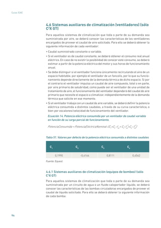 94
Guías IDAE
4.6 Sistemas auxiliares de climatización (ventiladores) (sólo
C3
X GT)
Para aquellos sistemas de climatización que toda o parte de su demanda sea
suministrada por aire, se deberá conocer las características de los ventiladores
encargados de proveer el caudal de aire solicitado. Para ello se deberá obtener la
siguiente información de cada ventilador:
• Caudal suministrado constante o variable.
• Si el ventilador es de caudal constante, se deberá obtener el consumo real anual
eléctrico. En caso de no existir la posibilidad de conocer este consumo, se deberá
estimar a partir de la potencia eléctrica del motor y sus horas de funcionamiento
anual.
• Se debe distinguir si el ventilador funciona únicamente recirculando el aire de un
espacio habitable, por ejemplo el ventilador de un fancoils, por lo que su funcio-
namiento depende directamente de la demanda térmica de dicho espacio. Si por
el contrario el ventilador impulsa un caudal de aire compuesto, total o en parte,
por aire primario de salubridad, como puede ser el ventilador de una unidad de
tratamiento de aire, el funcionamiento del ventilador dependerá del caudal de aire
primario que necesite el espacio a climatizar, independientemente de la demanda
térmica que solicite en ese momento.
• Si el ventilador trabaja con un caudal de aire variable, se deberá definir la potencia
eléctrica consumida a distintos caudales, a través de su curva característica, o
bien por escalones/velocidad de funcionamiento del ventilador.
Ecuación 14. Potencia eléctrica consumida por un ventilador de caudal variable
en función de su carga parcial de funcionamiento.
PotenciaConsumida PotenciaEléctricaNominal (C1
+C2
fcp
+ C3
fcp
+C4
2
= • • • fcp
)
3
•
Tabla 51. Valores por defecto de la potencia eléctrica consumida a distintos caudales
C1
C2
C3
C4
0,1990 -0,4144 0,8111 0,4542
Fuente: Equest.
4.6.1 Sistemas auxiliares de climatización (equipos de bombeo) (sólo
C3
X GT)
Para aquellos sistemas de climatización que toda o parte de su demanda sea
suministrada por un circuito de agua o un fluido caloportador líquido, se deberá
conocer las características de las bombas circuladoras encargados de proveer el
caudal de líquido solicitado. Para ello se deberá obtener la siguiente información
de cada bomba:
 