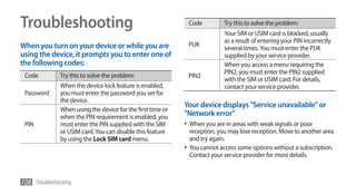 Troubleshooting                                              Code          Try this to solve the problem:
                                                                           Your SIM or USIM card is blocked, usually
                                                                           as a result of entering your PIN incorrectly
When you turn on your device or while you are                PUK
                                                                           several times. You must enter the PUK
using the device, it prompts you to enter one of                           supplied by your service provider.
the following codes:                                                       When you access a menu requiring the
                                                                           PIN2, you must enter the PIN2 supplied
 Code         Try this to solve the problem:                 PIN2
                                                                           with the SIM or USIM card. For details,
              When the device lock feature is enabled,                     contact your service provider.
 Password     you must enter the password you set for
              the device.
                                                            Your device displays "Service unavailable" or
              When using the device for the first time or
              when the PIN requirement is enabled, you      "Network error"
 PIN          must enter the PIN supplied with the SIM      •	 When you are in areas with weak signals or poor
              or USIM card. You can disable this feature       reception, you may lose reception. Move to another area
              by using the Lock SIM card menu.                 and try again.
                                                            •	 You cannot access some options without a subscription.
                                                               Contact your service provider for more details.



108 Troubleshooting
 
