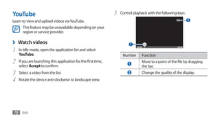 YouTube                                                         5   Control playback with the following keys:
Learn to view and upload videos via YouTube.                                                                    2
      This feature may be unavailable depending on your
      region or service provider.

›   Watch videos                                                          1
1   In Idle mode, open the application list and select
    YouTube.                                                         Number      Function
2   If you are launching this application for the first time,
                                                                         1
                                                                                 Move to a point of the file by dragging
    select Accept to confirm.                                                    the bar.
3   Select a video from the list.                                        2       Change the quality of the display.
4   Rotate the device anti-clockwise to landscape view.




78 Web
 