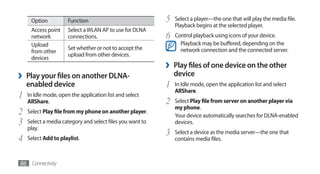 Option           Function                             5   Select a player—the one that will play the media file.
                                                               Playback begins at the selected player.
     Access point     Select a WLAN AP to use for DLNA
     network          connections.                         6   Control playback using icons of your device.
     Upload                                                      Playback may be buffered, depending on the
                      Set whether or not to accept the           network connection and the connected server.
     from other
                      upload from other devices.
     devices
                                                           ›   Play files of one device on the other
›   Play your files on another DLNA-                           device
    enabled device                                         1   In Idle mode, open the application list and select
                                                               AllShare.
1   In Idle mode, open the application list and select
    AllShare.                                              2   Select Play file from server on another player via
                                                               my phone.
2   Select Play file from my phone on another player.
                                                               Your device automatically searches for DLNA-enabled
3   Select a media category and select files you want to       devices.
    play.
                                                           3   Select a device as the media server—the one that
4   Select Add to playlist.                                    contains media files.



86 Connectivity
 
