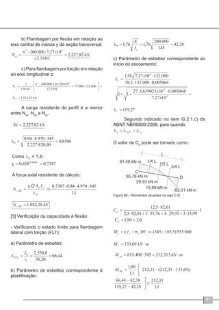 41
b) Flambagem por flexão em relação ao
eixo central de inércia y da seção transversal:
c) Para flambagem por torção em relação
ao eixo longitudinal z:
A carga resistente do perfil é a menor
entre Nex
, Ney
e Nez
.
[3] Verificação da capacidade à flexão:
- Verificando o estado limite para flambagem
lateral com torção (FLT):
a) Parâmetro de esbeltez:
b) Parâmetro de esbeltez correspondente à
plastificação:
c) Parâmetro de esbeltez correspondente ao
início do escoamento:
Segundo indicado no item G.2.1.c) da
ABNT NBR8800:2008, para quando
O valor de Cb
pode ser tomado como:
Figura 66 – Momentos atuantes na viga C-D
 