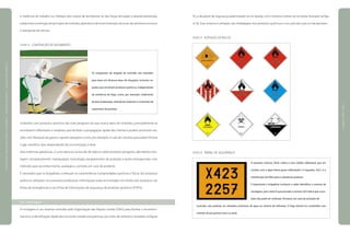 e medicina do trabalho ou militares dos corpos de bombeiros ou das forças armadas) e aborda prevenção,
isolamento e extinção de princípio de incêndio, abandono de local sinistrado, técnicas de primeiros socorros
e transporte de vítimas.
FIGURA 34 CONTENÇÃO DE VAZAMENTO
Os integrantes da brigada de incêndio são treinados
para atuar em diversos tipos de situações, inclusive na-
quelas que envolvem produtos químicos, independente
da existência de fogo, como, por exemplo: isolamento
de área acidentada, retirada de materiais e contenção de
vazamento de produto.
Incêndios com produtos químicos são mais perigosos do que outros tipos de incêndios, principalmente se
envolverem inflamáveis e oxidantes que facilitam a propagação rápida das chamas e podem promover rea-
ções com liberação de gases e vapores perigosos como, por exemplo, os sais de cianetos que podem formar
o gás cianídrico que, dependendo da concentração, é letal.
Para indústrias galvânicas, o curso deve ser acrescido de tópicos sobre produtos perigosos, abordando rotu-
lagem, armazenamento, manipulação, toxicologia, equipamentos de proteção e ações emergenciais, com
métodos para reconhecimento, avaliação e controle, em caso de acidente.
É necessário que os brigadistas conheçam as características e propriedades químicas e físicas dos produtos
químicos utilizados nos processos produtivos, informações estas encontradas nos rótulos dos produtos, nas
fichas de emergências e nas fichas de informações de segurança de produtos químicos (FISPQ).
3.6.1 Rotulagem
A rotulagem é um sistema instituído pela Organização das Nações Unidas (ONU) para facilitar o reconheci-
mento e a identificação rápida dos riscos de substâncias químicas, por meio de símbolos, ilustrados na figura
35, e de painel de segurança padronizado na cor laranja, com números e letras na cor preta, ilustrado na figu-
ra 36. Esse sistema é utilizado nas embalagens dos produtos químicos e nos veículos que os transportam.
FIGURA 35 RÓTULOS DE RISCOS
FIGURA 36 PAINEL DE SEGURANÇA
O primeiro número, X423, indica o risco (sólido inflamável, que em
contato com a água libera gases inflamáveis). O segundo, 2257, é a
classificação da ONU para a substância potássio.
É importante o brigadista conhecer e saber identificar o sistema de
rotulagem, pois a letra X que precede o número 423 indica que o pro-
duto não pode ser molhado. Portanto, em caso de princípio de
incêndio, não poderão ser utilizados extintores de água ou sistema de hidrantes. O fogo deverá ser combatido com
extintor de pó químico seco ou areia.
|manualdesegurançaesaúdenotrabalho|indústriagalvânica|programaseações|
|páginas202e203|
 