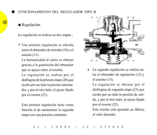 ■   FUNCIONAMIENTO DEL REGULADOR TIPO B


98       ■   Regulación

         La regulación se realiza en dos etapas :

         • Una primera regulación se efectúa
             entre el obturador de entrada (10) y el
             asiento (11).
             La hermeticidad al cierre se obtiene
             gracias a la guarnición del obturador
             que se apoya sobre el asiento.                    • La segunda regulación se realiza en-
             La regulación se realiza por el                       tre el obturador de regulación (12) y
             diafragma de la primera etapa (20) que                el asiento (13).
             recibe por un lado la presión interme-                La regulación se obtiene por el
             dia, y por el otro lado, el ajuste fijado             diafragma de segunda etapa (23) que
             por el resorte (21).                                  recibe por un lado la presión de sali-
                                                                   da, y por el otro lado, el ajuste fijado
             Esta primera regulación tiene como                    por el resorte (22).
             función el de suministrar la segunda                  Este resorte está ajustado en fábrica
             etapa con una presión constante.                      al valor deseado.


                      E L      •    C O B R E            •   E S   •     E T E R N O
 