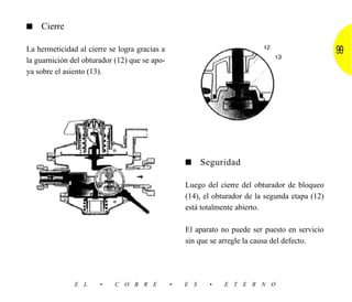 ■   Cierre

La hermeticidad al cierre se logra gracias a                                                     99
la guarnición del obturador (12) que se apo-
ya sobre el asiento (13).




                                                   ■     Seguridad

                                                   Luego del cierre del obturador de bloqueo
                                                   (14), el obturador de la segunda etapa (12)
                                                   está totalmente abierto.

                                                   El aparato no puede ser puesto en servicio
                                                   sin que se arregle la causa del defecto.




               E L     •    C O B R E          •   E S     •   E T E R N O
 