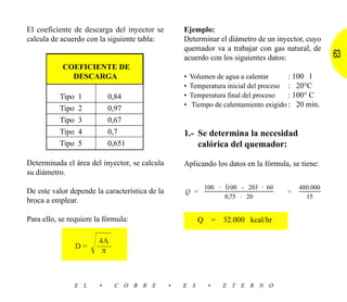 El coeficiente de descarga del inyector se          Ejemplo:
calcula de acuerdo con la siguiente tabla:          Determinar el diámetro de un inyector, cuyo
                                                    quemador va a trabajar con gas natural, de
                                                    acuerdo con los siguientes datos:                 63
            COEFICIENTE DE
              DESCARGA                              •   Volumen de agua a calentar      : 100 l
                                                    •   Temperatura inicial del proceso : 20°C
           Tipo   1          0,84                   •   Temperatura final del proceso   : 100° C
                                                    •   Tiempo de calentamiento exigido : 20 min.
           Tipo   2          0,97
           Tipo   3          0,67
           Tipo   4          0,7                    1.- Se determina la necesidad
           Tipo   5          0,651                      calórica del quemador:

Determinada el área del inyector, se calcula        Aplicando los datos en la fórmula, se tiene:
su diámetro.
                                                              100 ⋅ (100 - 20) ⋅ 60         480.000
De este valor depende la característica de la       Q =                                 =
                                                                    0,75 ⋅ 20                 15
broca a emplear.

Para ello, se requiere la fórmula:                        Q        =   32.000 kcal/hr


                        Ίහ
                         4A

                        හ
                  D=
                          π



                  E L    •    C O B R E         •   E S        •       E T E R N O
 