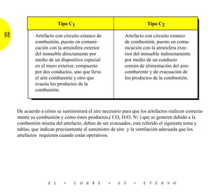 Tipo C1                                     Tipo C2

68            Artefacto con circuito estanco de            Artefacto con circuito estanco
              combustión, puesto en comuni-                de combustión, puesto en comu-
              cación con la atmósfera exterior             nicación con la atmósfera exte-
              del inmueble directamente por                rior del inmueble indirectamente
              medio de un dispositivo especial             por medio de un conducto
              en el muro exterior, compuesto               común de alimentación del aire-
              por dos conductos, uno que lleva             comburente y de evacuación de
              el aire comburente y otro que                los productos de la combustión.
              evacúa los productos de la
              combustión.



     De acuerdo a cómo se suministrará el aire necesario para que los artefactos realicen correcta-
     mente su combustión y cómo éstos productos,( CO, H2O, N2 ) que se generen debido a la
     combustión misma del artefacto, deben de ser evacuados, está referido el siguiente tema y
     tablas, que indican precisamente el suministro de aire y la ventilación adecuada que los
     artefactos requieren cuando están operativos.




                    E L     •    C O B R E         •   E S     •    E T E R N O
 