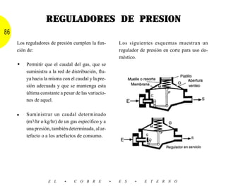 REGULADORES DE PRESION
86
     Los reguladores de presión cumplen la fun-          Los siguientes esquemas muestran un
     ción de:                                            regulador de presión en corte para uso do-
                                                         méstico.
     •   Permitir que el caudal del gas, que se
         suministra a la red de distribución, flu-
         ya hacia la misma con el caudal y la pre-
         sión adecuada y que se mantenga esta
         última constante a pesar de las variacio-
         nes de aquel.


     •   Suministrar un caudal determinado
         (m3/hr o kg/hr) de un gas específico y a
         una presión, también determinada, al ar-
         tefacto o a los artefactos de consumo.




                    E L     •    C O B R E           •   E S    •    E T E R N O
 