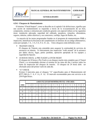 MANUAL GENERAL DE MANTENIMIENTO GMM-M-001
GENERALIDADES
CAPITULO
04
Revisión : 04 Fecha Rev: 26/Abril./10 Página No: 04.36
4.24.1 Chequeos de Mantenimiento
El término “Check/Inspect”, como se describe en el capítulo I de definiciones, significa que
una acción de mantenimiento es requerida a través de la re-examinación de un ítem,
componente, sistema o estructura por condición general, con especial énfasis en las siguientes
áreas: instalación adecuada, seguridad del cableado, pasadores, remaches, abrazaderas,
seguros, tuberías, cables eléctricos y sus conectores, varillaje, fugas de fluidos, etc.
La mayoría de las tareas programadas listadas en el programa de mantenimiento PMR e
inspección, identifican la frecuencia del cumplimiento en términos de un código alfanumérico,
como por ejemplo, 1 A, 2 A, 4 A, 8 A, 1C, etc.. Estos chequeos están definidos como:
 TRANSIT CHECK
El chequeo de Tránsito esta entendido para asegurar la continuidad de servicios de
aeronaves en tránsito. Es básicamente una inspección “walk around” de la aeronave
por daños obvios, fugas, partes perdidas, operación apropiada de los equipos y
seguridad de fijación.
 24 HOUR CHECK or PRE FLIGHT or OVER NIGHT
El chequeo de 24 horas o Pre-Vuelo es un chequeo mucho más completo que el Transit
Check y es recomendado efectuar al termino de las rutas del día e incluye todos los
ítems de inspección del chequeo de transito. El chequeo de 24 horas debe ser
efectuado antes del primer vuelo de cada día.
 “A” CHECK
Existen 4 intervalos para el chequeo “A” especificados para el Mantenimiento del
B737-300 (A, 2 A, 4 A y 8 A). El intervalo recomendado para este servicio es de
250 Flight Hours.
 