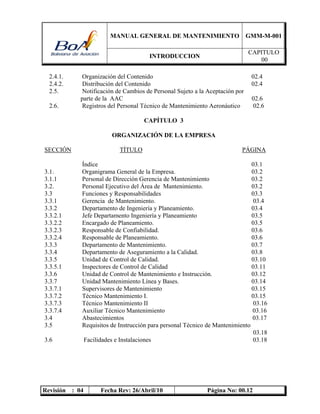 MANUAL GENERAL DE MANTENIMIENTO GMM-M-001
INTRODUCCION
CAPITULO
00
Revisión : 04 Fecha Rev: 26/Abril/10 Página No: 00.12
2.4.1. Organización del Contenido 02.4
2.4.2. Distribución del Contenido 02.4
2.5. Notificación de Cambios de Personal Sujeto a la Aceptación por
parte de la AAC 02.6
2.6. Registros del Personal Técnico de Mantenimiento Aeronáutico 02.6
CAPÍTULO 3
ORGANIZACIÓN DE LA EMPRESA
SECCIÓN TÍTULO PÁGINA
Índice 03.1
3.1. Organigrama General de la Empresa. 03.2
3.1.1 Personal de Dirección Gerencia de Mantenimiento 03.2
3.2. Personal Ejecutivo del Área de Mantenimiento. 03.2
3.3 Funciones y Responsabilidades 03.3
3.3.1 Gerencia de Mantenimiento. 03.4
3.3.2 Departamento de Ingeniería y Planeamiento. 03.4
3.3.2.1 Jefe Departamento Ingeniería y Planeamiento 03.5
3.3.2.2 Encargado de Planeamiento. 03.5
3.3.2.3 Responsable de Confiabilidad. 03.6
3.3.2.4 Responsable de Planeamiento. 03.6
3.3.3 Departamento de Mantenimiento. 03.7
3.3.4 Departamento de Aseguramiento a la Calidad. 03.8
3.3.5 Unidad de Control de Calidad. 03.10
3.3.5.1 Inspectores de Control de Calidad 03.11
3.3.6 Unidad de Control de Mantenimiento e Instrucción. 03.12
3.3.7 Unidad Mantenimiento Línea y Bases. 03.14
3.3.7.1 Supervisores de Mantenimiento 03.15
3.3.7.2 Técnico Mantenimiento I. 03.15
3.3.7.3 Técnico Mantenimiento II 03.16
3.3.7.4 Auxiliar Técnico Mantenimiento 03.16
3.4 Abastecimientos 03.17
3.5 Requisitos de Instrucción para personal Técnico de Mantenimiento
03.18
3.6 Facilidades e Instalaciones 03.18
 
