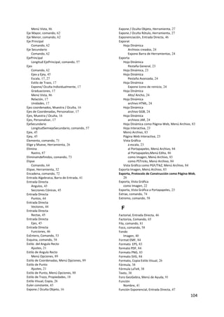 Menú Vista, 86                           Expone / Oculta Objeto, Herramienta, 27
Eje Mayor, comando, 62                       Expone / Oculta Rótulo, Herramienta, 27
Eje Menor, comando, 62                       Exponenciación, Entrada Directa, 46
Eje Principal                                Exporat
    Comando, 62                                 Hoja Dinámica
Eje Secundario                                     Archivos creados, 24
    Comando, 62                                    Expone Barra de Herramientas, 24
EjePrincipal                                 Exporta
    Longitud EjePrincipal, comando, 57          Hoja Dinámica
Ejes                                               Pestaña General, 23
    Comando, 62                                 Hoja Dinámica, 23
    Ejex y Ejey, 45                             Hoja Dinámica
    Escala, 17, 27                                 Pestaña Avanzada, 24
    Estilo de Trazo, 17                         Hoja Dinámica
    Expone/ Oculta Individualmente, 17             Expone ícono de reinicio, 24
    Graduaciones, 17                            Hoja Dinámica
    Menú Vista, 86                                 Alto/ Ancho, 24
    Relación, 17                                Hoja Dinámica
    Unidades, 17                                   archivo HTML, 24
Ejes coordenados, Muestra / Oculta, 16          Hoja Dinámica
Ejes de Coordenadas, Personalizar, 17              archivo GGB, 24
Ejes, Muestra / Oculta, 16                      Hoja Dinámica
Ejes, Personalizar, 17                             archivos JAR, 24
EjeSecundario                                   Hoja Dinámica como Página‐Web, Menú Archivo, 83
    LongitudSemiejeSecundario, comando, 57      Hoja Interactiva, 23
Ejex, 45                                        Menú Archivo, 83
Ejey, 45                                        Página Web Interactiva, 23
Elemento, comando, 71                           Vista Gráfica
Elige y Mueve, Herramienta, 26                     a escala, 23
Elimina                                            al Portapapeles, Menú Archivo, 84
    Rastro, 87                                     al Portapapeles,Menú Edita, 86
EliminaIndefinidos, comando, 73                    como Imagen, Menú Archivo, 83
Elipse                                             como PSTricks, Menú Archivo, 84
    Comando, 64                                 Vista Gráfica como PGF/TikZ, Menú Archivo, 84
Elipse, Herramienta, 32                      Exporta Imagen, Menú Archivo, 83
Encadena, comando, 72                        Exporta, Protocolo de Construcción como Página‐Web,
Entrada Algebraica, Barra de Entrada, 41        20
Entrada Directa                              Exporta, Vista Gráfica
    Angulos, 43                                 como Imagen, 22
    Secciones Cónicas, 45                    Exporta, Vista Gráfica a Portapapeles, 23
Entrada Directa                              Extrae, comando, 74
    Puntos, 44                               Extremo, comando, 58
Entrada Directa
    Vectores, 44
Entrada Directa
                                              F
    Rectas, 45                               Factorial, Entrada Directa, 46
Entrada Directa                              Factoriza, Comando, 65
    Ejes, 45                                 Fila, comando, 81
Entrada Directa                              Foco, comando, 58
    Funciones, 46                            Fondo
EsEntero, Comando, 53                            Imagen, 40
Esquina, comando, 58                         Format EMF, 84
Estilo  del Angulo Recto                     Formato  EPS, 83
    Ajustes, 21                              formato PDF, 84
Estilo de Angulo Recto                       Formato PNG, 83
    Menú Opciones, 89                        Formato SVG, 84
Estilo de Coordenadas, Menú Opciones, 89     Formato, Copia Estilo Visual, 26
Estilo de Punto                              Fórmula, 38
    Ajustes, 21                              Fórmula LaTeX, 38
Estilo de Punto, Menú Opciones, 88           Texto, 38
Estilo de Trazo, Propiedades, 18             Foro GeoGebra, Menú de Ayuda, 91
Estilo Visual, Copia, 26                     Función
Euler constante, 43                              Nombre, 41
Expone / Oculta Objeto, 16                   Función Exponencial, Entrada Directa, 47
                                                                                            104 
 
 