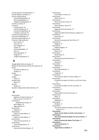 Función Gamma, Entrada Directa, 47               Herramienta
Función Módulo, comando, 56                         Punto Medio o Centro, 28
Función trigonométrica                           Herramienta
   Coseno Antihiperbólico, 47                       Nuevo Punto, 28
   Seno Antihiperbólico, 47                      Herramienta
   Tangente antihiperbólica, 47                     Vector entre Dos Puntos, 29
Función, comando, 65                             Herramienta
Funciones                                           Vector desde un Punto, 29
   Entrada Directa, 46                           Herramienta
   Función Exponencial, 47                          Segmento entre Dos Puntos, 29
   Funciones Predefinidas, 46                    Herramienta
   Limitadas a intervalo, 46                        Segmento dados Punto Extremo y Longitud, 29
Funciones Condicionales, 64                      Herramienta
Funciones Predefinidas, 46                          Semirrecta, 30
funciones trigonométricas, 46                    Herramienta
Funciones Trigonométricas                           Semirrecta que pasa por Dos Puntos, 30
   Arco coseno, 47                               Herramienta
   Arco seno, 47                                    Polígono, 30
   Arco tangente, 47                             Herramienta
   Coseno, 47                                       Polígono Regular, 30
   Coseno Hiperbólico, 47                        Herramienta
   Seno, 47                                         Bisectriz, 30
   Seno Hiperbólico, 47                          Herramienta
   Tangente, 47                                     AjusteLineal, 30
   Tangente Hiperbólica, 47                      Herramienta
                                                    Recta que pasa por Dos Puntos, 31
    G                                            Herramienta
                                                    Paralela, 31
GeogebraWiki, Menú de Ayuda, 92                  Herramienta
Gestión de Herramientas, Menú Herramientas, 90      Mediatriz, 31
Grado                                            Herramienta
   Convierte a radianes, 43                         Recta Perpendicular, 31
   Símbolo, 43                                   Herramienta
Grados                                              Tangentes, 31
   Símbolo, 35                                   Herramienta
Guarda                                              Circunferencia dados su Centro y Radio, 32
   Menú, 82                                      Herramienta
Guarda Como                                         Circunferencia dados su Centro y uno de sus Puntos,
   Menú, 82                                             32
Guardar                                          Herramienta
   Ajustes, 21                                      Circunferencia dados Tres de sus Puntos, 32
Guardar Configuración, Menú Opciones, 89         Herramienta
                                                    Compás, 32
                                                 Herramienta
    H                                               Cónica dados Cinco de sus Puntos, 32
Herramienta                                      Herramienta
   Registrar en Hoja de Cálculo, 27                 Elipse, 32
   Rota en torno a un Punto, 27                  Herramienta
Herramienta                                         Hipérbola, 33
       Desplaza Área Gráfica, 26                 Herramienta
   Borra Objeto, 26                                 Parábola, 33
   Elige y Mueve, 26                             Herramienta
Herramienta                                         Arco de Circunferencia dados su Centro y Dos 
   Relación, 27                                         Extremos, 33
Herramienta                                      Herramienta
   Expone / Oculta Rótulo, 27                       Sector Circular dados su Centro y Dos Puntos, 33
Herramienta                                      Herramienta
   Expone / Oculta Objeto, 27                       Arco de Circunferencia dados Tres de sus Puntos, 33
Herramienta                                      Herramienta
   Zoom de Acercamiento, 28                         Sector Circumcircular dados Tres Puntos, 34
Herramienta                                      Herramienta
   Zoom de Alejamiento, 28                          Semicircunferencia, 34
Herramienta                                      Herramienta
   Intersección de Dos Objetos, 28                  ángulo dada su amplitud, 34
                                                                                                  105 
 
 