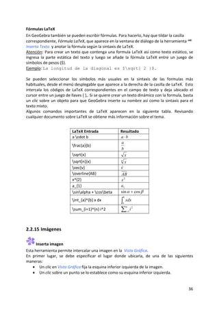 Fórmulas LaTeX 
En GeoGebra también se pueden escribir fórmulas. Para hacerlo, hay que tildar la casilla 
correspondiente, Fórmula LaTeX, que aparece en la ventana de diálogo de la herramienta   
Inserta Texto  y anotar la fórmula según la sintaxis de LaTeX.  
Atención: Para crear un texto que contenga una formula LaTeX así como texto estático, se 
ingresa  la  parte  estática  del  texto  y  luego  se  añade  la  fórmula  LaTeX  entre  un  juego  de 
símbolos de pesos ($). 
Ejemplo: La longitud de la diagonal es $sqrt{ 2 }$. 
 
Se  pueden  seleccionar  los  símbolos  más  usuales  en  la  sintaxis  de  las  formulas  más 
habituales, desde el menú desplegable que aparece a la derecha de la casilla de LaTeX.  Esto 
intercala  los  códigos  de  LaTeX  correspondientes  en  el  campo  de  texto  y  deja  ubicado  el 
cursor entre un juego de llaves { },. Si se quiere crear un texto dinámico con la formula, basta 
un  clic  sobre  un  objeto  para  que  GeoGebra  inserte  su  nombre  así  como  la  sintaxis  para  el 
texto mixto.  
Algunos  comandos  importantes  de  LaTeX  aparecen  en  la  siguiente  tabla.  Revisando 
cualquier documento sobre LaTeX se obtiene más información sobre el tema.  
 
 
                            LaTeX Entrada                  Resultado 
                            a cdot b                      a ⋅b
                                                           a
                            frac{a}{b} 
                                                           b
                            sqrt{x}                         x
                                                           n
                            sqrt[n]{x}                      x
                                                           r
                            vec{v}                        v
                            overline{AB}                  AB
                            x^{2}                          x2
                            a_{1}                          a1
                            sinalpha + cosbeta         sin α + cos β
                                                               b
                            int_{a}^{b} x dx              ∫ xdx
                                                               a

                                                           ∑ i
                                                                   n      2
                            sum_{i=1}^{n} i^2                     i =1
                                                                               
 



2.2.15 Imágenes 

      Inserta imagen 
Esta herramienta permite intercalar una imagen en la  Vista Gráfica. 
En  primer  lugar,  se  debe  especificar  el  lugar  donde  ubicarla,  de  una  de  las  siguientes 
maneras: 
    • Un clic en Vista Gráfica fija la esquina inferior izquierda de la imagen. 
    • Un clic sobre un punto se lo establece como su esquina inferior izquierda.  


                                                                                                     36 
 
 