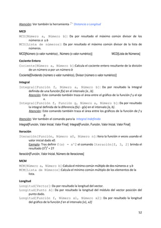  
Atención: Ver también la herramienta             Distancia o Longitud 

MCD 
MCD[Número a, Número b]:  Da  por  resultado  el  máximo  común  divisor  de  los 
     números a  y b  
MCD[Lista de números]:  Da  por  resultado  el  máximo  común  divisor  de  la  lista  de 
     números. 
MCD[Número (o valor numérico) , Número (o valor numérico)]                         MCD[Lista de Números]

Cociente Entero 
Cociente[Número a, Número b]:Calcula el cociente entero resultante de la división 
      de un número a por un número b 
Cociente[Dividendo (número o valor numérico), Divisor (número o valor numérico)]

Integral 
Integral[Función f, Número a, Número b]:  Da  por  resultado  la  Integral 
       definida de una función f(x) en el intervalo [a , b]. 
       Atención: Este comando también traza el área entre el gráfico de la función f y el eje 
                   x.  
Integral[Función f, Función g, Número a, Número b]: Da por resultado 
       la integral definida de la diferencia f(x) ‐ g(x) en el intervalo [a, b].  
       Atención: Este comando también traza el área entre los gráficos de la función de f y 
                    g.  
Atención: Ver también el comando para la  Integral Indefinida 
Integral[Función, Valor Inicial, Valor Final] Integral[Función, Función, Valor Inicial, Valor Final]

Iteración 
Iteración[Función, Número x0, Número n]: Itera la función n veces usando el 
        valor inicial dado x0.   
        Ejemplo: Tras definir f(x) = x^2 el comando Iteración[f, 3, 2] brinda el 
        resultado (32)2 = 27 
Iteración[Función, Valor Inicial, Número de Iteraciones]

MCM 
MCM[Número a, Número b]:Calcula el mínimo común múltiplo de dos números a  y b 
MCM[Lista de Números]:Calcula el mínimo común múltiplo de los elementos de la 
     lista.  

Longitud 
Longitud[Vector]: Da por resultado la longitud del vector.  
Longitud[Punto A]:  Da  por  resultado  la  longitud  del  módulo  del  vector  posición  del 
       punto dado.  
Longitud[Función f, Número x1, Número x2]:  Da  por  resultado  la  longitud 
       del gráfico de la función f en el intervalo [x1, x2] 


                                                                                                       52 
 
 
