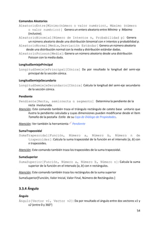 Comandos Aleatorios 
AleatorioEntre[Mínimo(número o valor numérico), Máximo (número
     o valor numérico)] Genera un entero aleatorio entre Mínimo  y  Máximo 
     (inclusive). 
AleatorioBinomial[Número de Intentos n, Probabilidad p] Genera  
     un número aleatorio desde una distribución binomial con n intentos y probabilidad p. 
AleatorioNormal[Media,Desviación Estándar] Genera un número aleatorio 
    desde una distribución normal con la media y distribución estándar dadas. 
AleatorioPoisson[Media]: Genera un número aleatorio desde una distribución 
     Poisson con la media dada. 

LongitudSemiejePrincipal 
LongitudSemiejePrincipal[Cónica]  Da  por  resultado  la  longitud  del  semi‐eje 
       principal de la sección cónica. 

LongitudSemiejeSecundario 
LongitudSemiejeSecundario[Cónica] Calcula la longitud del semi‐eje secundario 
       de la sección cónica. 

Pendiente 
Pendiente[Recta, semirrecta o segmento] Determina la pendiente de la 
       recta  involucrada. 
Atención: Este comando también traza el triángulo rectángulo de cateto base  unitario que 
       ilustra la pendiente calculada y cuyas dimensiones pueden modificarse desde el ítem 
       Tamaño de la pestaña  Estilo  de su Caja de Diálogo de Propiedades.  
 
Atención: Ver también la herramienta     Pendiente 

SumaTrapezoidal 
SumaTrapezoidal[Función, Número a, Número b, Número n de
     trapezoides]: Calcula la suma trapezoidal de la función en el intervalo [a, b] con 
     n trapezoides.  
 
Atención: Este comando también traza los trapezoides de la suma trapezoidal. 

SumaSuperior 
SumaSuperior[Función, Número a, Número b, Número n]: Calcula la suma 
     superior de la función en el intervalo [a, b] con n rectángulos.  
 
Atención: Este comando también traza los rectángulos de la suma superior  
SumaSuperior[Función, Valor Inicial, Valor Final, Número de Rectángulos ] 


3.3.4 Ángulo 
Ángulo 
Ángulo[Vector v1, Vector v2]: Da por resultado el ángulo entre dos vectores v1 y 
      v2 (entre 0 y 360°)  
                                                                                        54 
 
 