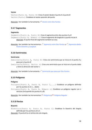 Vector 
Vector[Punto A, Punto B]: Crea el vector desde el punto A al punto B  
Vector[Punto]: Establece el vector posición del punto  
 
Atención: Ver también la herramienta   Vector entre Dos Puntos 


3.3.7 Segmentos 
Segmento 
Segmento[Punto A, Punto B]: Crea el segmento entre dos puntos A y B  
Segmento[Punto A, Número a]: Crea el segmento de longitud a y punto inicial A.  
       Atención: El punto final del segmento también se crea. 
 
Atención: Ver también las herramientas   Segmento entre Dos Puntos y   Segmento dados 
       Punto Extremo y Longitud 


3.3.8 Semirrectas 
Semirrecta 
Semirrecta[Punto A, Punto B]: Crea una semirrecta que se inicia en el punto A y 
       pasa por el punto B  
Semirrecta[Punto, Vector v]: Crea una semirrecta que se inicia en el punto dado 
       y tiene la dirección del vector v  
 
Atención: Ver también la herramienta   Semirrecta que pasa por Dos Puntos 


3.3.9 Polígonos 
Polígono 
Polígono[Punto A, Punto B, Punto C,...]:  Establece  un  polígono  definido 
       por los puntos A, B, C,… dados 
Polígono[Punto A, Punto B, Número n]:  Establece  un  polígono  regular  con  n 
       vértices (incluyendo los puntos A y B) 
 
Atención: Ver también las herramientas     Polígono y     Polígono Regular 


3.3.10 Rectas 
Bisectriz 
Bisectriz[Punto A, Punto B, Punto C]:  Establece  la  bisectriz  del  ángulo 
       definido por los puntos A, B y C.  
Atención: El punto B es el vértice de este ángulo.  
 


                                                                                   58 
 
 
