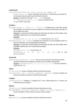 ListaIteración 
ListaIteración[Función, Valor Inicial x0, Número de
        Iteraciones n]: Da por resultado una lista de n+1  elementos que resultan de 
        las iteraciones de la función a partir del valor inicial x0.   
        Ejemplo: Tras definir la función  f(x) = x^2 el comando   
        L = ListaIteración[f, 3, 2] da por resultado la lista   
        L = {3, 32, (32)2} = {3, 9, 81} 

Encadena 
Encadena[Lista 1, Lista 2, ...Lista n]: Encadena dos o más listas, dando 
      por resultado una nueva en la que se organiza la sucesión de elementos de cada una 
      de las dadas, por orden.        
      Atención: La nueva lista contiene todos los elementos de cada una de las dadas, pese 
      a posibles repeticiones y sin reordenamiento alguno.      
      Ejemplos:  
      Encadena[{5, 4, 3}, {1, 2, 3}] crea la lista {5, 4, 3, 1, 2, 3} 
Encadena[Lista de listas]: Encadenas las sub‐listas en una de longitud mayor en 
      que se concatenan sus correspondientes elementos.         
      Atención: La nueva lista contiene todos los elementos de cada una de las dadas, pese 
      a posibles repeticiones y sin reordenamiento alguno.      
      Ejemplos:  
      Encadena[{{1, 2}}] crea la lista {1, 2} 
      Encadena[{{1, 2, 3}, {3, 4}, {8, 7}}]  crea  la  lista  
      {1, 2, 3, 3, 4, 8, 7} 

ConservaSi 
ConservaSi[Condición, Lista]: Crea una nueva lista que únicamente contiene 
      aquellos elementos de la dada que cumplan con la condición especificada.   
      Ejemplo: ConservaSi[x<3, {1, 2, 3, 4, 1, 5, 6}] Da por resultado la 
      nueva lista {1, 2, 1} 

Ultimo 
Ultimo[Lista]: Da por resultado el último elemento de la lista. 
Ultimo[Lista, Los n últimos elementos (número)]: Da por resultado una 
      lista que contiene los últimos n elementos de la dada. 

Longitud 
Longitud[Lista]  Establece  la  longitud  de  la  lista,  determinada  por  el  número  de 
       elementos que la compone. 

Mínimo 
Mínimo[Lista]: Da por resultado el mínimo elemento de la lista
Mínimo[Número (o valor numérico), Número (o valor numérico)]:
     Da por resultado el menor de entre los dos números dados.

Máximo 
Máximo[Lista]: Da por resultado el máximo elemento de la lista
                                                                                        69 
 
 