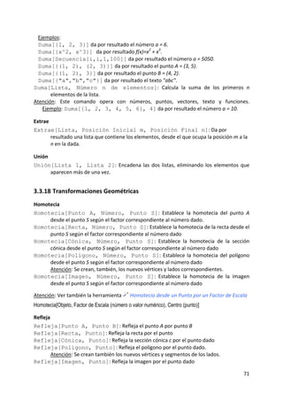 Ejemplos: 
  Suma[{1, 2, 3}] da por resultado el número a = 6.  
  Suma[{x^2, x^3}] da por resultado f(x)=x2 + x3.            
  Suma[Secuencia[i,i,1,100]] da por resultado el número a = 5050.   
  Suma[{(1, 2), (2, 3)}] da por resultado el punto A = (3, 5).   
  Suma[{(1, 2), 3}] da por resultado el punto B = (4, 2).   
  Suma[{"a","b","c"}] da por resultado el texto "abc". 
Suma[Lista, Número n de elementos]:  Calcula  la  suma  de  los  primeros  n 
       elementos de la lista.  
Atención:  Este  comando  opera  con  números,  puntos,  vectores,  texto  y  funciones. 
    Ejemplo: Suma[{1, 2, 3, 4, 5, 6}, 4] da por resultado el número a = 10. 

Extrae 
Extrae[Lista, Posición Inicial m, Posición Final n]: Da por 
        resultado una lista que contiene los elementos, desde el que ocupa la posición m a la 
        n en la dada. 

Unión 
Unión[Lista 1, Lista 2]:  Encadena  las  dos  listas,  eliminando  los  elementos  que 
       aparecen más de una vez. 


3.3.18 Transformaciones Geométricas 
Homotecia 
Homotecia[Punto A, Número, Punto S]:  Establece  la  homotecia  del  punto  A 
     desde el punto S según el factor correspondiente al número dado.  
Homotecia[Recta, Número, Punto S]: Establece la homotecia de la recta desde el 
     punto S según el factor correspondiente al número dado  
Homotecia[Cónica, Número, Punto S]:  Establece  la  homotecia  de  la  sección 
     cónica desde el punto S según el factor correspondiente al número dado  
Homotecia[Polígono, Número, Punto S]:  Establece  la  homotecia  del  polígono 
     desde el punto S según el factor correspondiente al número dado 
     Atención: Se crean, también, los nuevos vértices y lados correspondientes.  
Homotecia[Imagen, Número, Punto S]:  Establece  la  homotecia  de  la  imagen 
     desde el punto S según el factor correspondiente al número dado  
 
Atención: Ver también la herramienta   Homotecia desde un Punto por un Factor de Escala  
Homotecia[Objeto, Factor de Escala (número o valor numérico), Centro (punto)]

Refleja 
Refleja[Punto A, Punto B]: Refleja el punto A por punto B  
Refleja[Recta, Punto]: Refleja la recta por el punto 
Refleja[Cónica, Punto]: Refleja la sección cónica c por el punto dado 
Refleja[Polígono, Punto]: Refleja el polígono por el punto dado.  
       Atención: Se crean también los nuevos vértices y segmentos de los lados. 
Refleja[Imagen, Punto]: Refleja la imagen por el punto dado  

                                                                                           71 
 
 