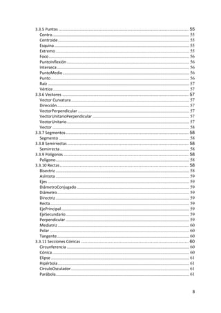3.3.5 Puntos ........................................................................................................ 55
      Centro ........................................................................................................................... 55
      Centroide ...................................................................................................................... 55
      Esquina ......................................................................................................................... 55
      Extremo ........................................................................................................................ 55
      Foco .............................................................................................................................. 56
      PuntoInflexión .............................................................................................................. 56
      Interseca ....................................................................................................................... 56
      PuntoMedio .................................................................................................................. 56
      Punto ............................................................................................................................ 56
      Raíz ............................................................................................................................... 57
      Vértice .......................................................................................................................... 57
    3.3.6 Vectores ..................................................................................................... 57
      Vector Curvatura .......................................................................................................... 57
      Dirección....................................................................................................................... 57
      VectorPerpendicular .................................................................................................... 57
      VectorUnitarioPerpendicular ....................................................................................... 57
      VectorUnitario .............................................................................................................. 57
      Vector ........................................................................................................................... 58
    3.3.7 Segmentos .................................................................................................. 58
      Segmento ..................................................................................................................... 58
    3.3.8 Semirrectas ................................................................................................. 58
      Semirrecta .................................................................................................................... 58
    3.3.9 Polígonos .................................................................................................... 58
      Polígono ........................................................................................................................ 58
    3.3.10 Rectas ....................................................................................................... 58
      Bisectriz ........................................................................................................................ 58
      Asíntota ........................................................................................................................ 59
      Ejes ............................................................................................................................... 59
      DiámetroConjugado ..................................................................................................... 59
      Diámetro....................................................................................................................... 59
      Directriz ........................................................................................................................ 59
      Recta ............................................................................................................................. 59
      EjePrincipal ................................................................................................................... 59
      EjeSecundario ............................................................................................................... 59
      Perpendicular ............................................................................................................... 59
      Mediatriz ...................................................................................................................... 60
      Polar ............................................................................................................................. 60
      Tangente....................................................................................................................... 60
    3.3.11 Secciones Cónicas ...................................................................................... 60
      Circunferencia .............................................................................................................. 60
      Cónica ........................................................................................................................... 60
      Elipse ............................................................................................................................ 61
      Hipérbola ...................................................................................................................... 61
      CírculoOsculador .......................................................................................................... 61
      Parábola........................................................................................................................ 61


                                                                                                                                           8 
 
 