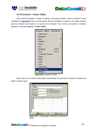 O Software da Topografia e Geodésia
107
9.4.16 Construir Inserir Tabela
Este comando possibilita a criação de tabelas, onde pode-se utilizar a lista de símbolos e blocos
carregados no item 9.4.14. Assim, esta ferramenta além de possibilitar a criação de uma tabela qualquer,
pode ser utilizada para criação de um quadro de convenções. Para construir uma tabela no desenho,
selecione o comando Construir Inserir Tabela.
Figura 9.46 – Inserindo Tabela.
Dê um clique com o mouse na tela gráfica, para definição do ponto base de inserção do tabela. Será
aberta a seguinte caixa:
Figura 9.47 – Configuração e Definição dos dados da
tabela.
 