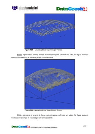 O Software da Topografia e Geodésia
135
Figura 12.5 – Visualização da Superfície por Pontos.
Arame: representa o terreno através da malha triangular calculada no MNT. Na figura abaixo é
mostrado um exemplo de visualização em forma de arame.
Figura 12.6 – Visualização da Superfície por Arame.
Sólido: representa o terreno de forma mais compacta, definindo um sólido. Na figura abaixo é
mostrado um exemplo de visualização em forma de sólido.
 