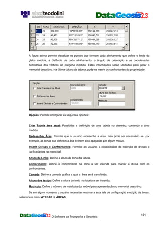 O Software da Topografia e Geodésia
154
A figura acima permite visualizar os pontos que formam cada alinhamento que define o limite da
gleba medida, a distância de cada alinhamento, o ângulo de orientação e as coordenadas
definidoras dos vértices do polígono medido. Estas informações serão utilizadas para gerar o
memorial descritivo. Na última coluna da tabela, pode-se inserir os confrontantes da propriedade.
Opções: Permite configurar as seguintes opções::
Criar Tabela área atual: Possibilita a definição de uma tabela no desenho, contendo a área
medida.
Redesenhar Área: Permite que o usuário redesenhe a área. Isso pode ser necessário se, por
exemplo, as linhas que definem a ária tiverem sido apagadas por algum motivo.
Inserir Divisas e Confrontantes: Permite ao usuário, a possibilidade da inserção de divisas e
confrontantes no memorial.
Altura da Linha: Define a altura da linha da tabela.
Comprimento: Define o comprimento da linha a ser inserida para marcar a divisa com os
confrontantes.
Camada: Define a camada gráfica a qual a área será transferida;
Altura dos textos: Define a altura do texto na tabela a ser inserida;
Matrícula: Define o número de matrícula do imóvel para apresentação no memorial descritivo.
Se em algum momento o usuário necessitar retornar a esta tela de configuração e edição de áreas,
selecione o menu ATERAR ÁREAS.
 