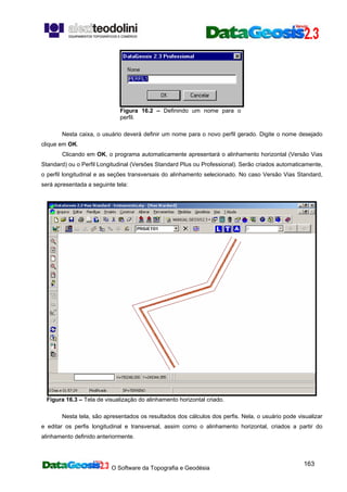 O Software da Topografia e Geodésia
163
Figura 16.2 – Definindo um nome para o
perfil.
Nesta caixa, o usuário deverá definir um nome para o novo perfil gerado. Digite o nome desejado
clique em OK.
Clicando em OK, o programa automaticamente apresentará o alinhamento horizontal (Versão Vias
Standard) ou o Perfil Longitudinal (Versões Standard Plus ou Professional). Serão criados automaticamente,
o perfil longitudinal e as seções transversais do alinhamento selecionado. No caso Versão Vias Standard,
será apresentada a seguinte tela:
Figura 16.3 – Tela de visualização do alinhamento horizontal criado.
Nesta tela, são apresentados os resultados dos cálculos dos perfis. Nela, o usuário pode visualizar
e editar os perfis longitudinal e transversal, assim como o alinhamento horizontal, criados a partir do
alinhamento definido anteriormente.
 