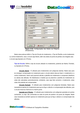 O Software da Topografia e Geodésia
31
Figura 5.14– Configurações dos Dados da Poligonal
(Nivelamento).
Nesta caixa pode-se definir o Tipo de Circuito do nivelamento, o Tipo de Planilha, se de nivelamento
ou contra-nivelamento, caso o circuito seja Aberto, além dos dados do ponto de partida e de chegada caso
o circuito seja Apoiado em 2 Pontos.
Tipo de Circuito: Define o tipo de circuito utilizado no nivelamento, podendo ser Aberto, Fechado,
ou Apoiado em 2 Pontos.
Circuito Aberto – É utilizado para nivelamentos com poligonais abertas. Neste caso para
se conseguir compensação do nivelamento para o circuito aberto deve-se fazer o nivelamento e o
contra nivelamento. Assim será possível calcular a planilha de nivelamento e compensar (distribuir)
os valores das altitudes. No DataGeosis à medida que se preenche a planilha de nivelamento as
cotas são calculadas automaticamente, entretanto, caso seja feito somente o nivelamento, estas
cotas não poderão ser compensadas.
Circuito Fechado – É utilizado para nivelamentos com poligonais fechadas. Neste caso
necessita-se apenas do nivelamento para que se faça o cálculo e a compensação das altitudes, pois
o circuito inicia-se e fecha-se no mesmo ponto.
Apoiado em 2 Pontos – É utilizado para nivelamentos com poligonais apoiadas em pontos
conhecidos, ou seja, são conhecidas as cotas do ponto de partida e do ponto de chegada. Neste
caso necessita-se também apenas do nivelamento para que se faça o cálculo e a compensação das
altitudes.
 