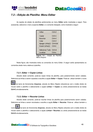 O Software da Topografia e Geodésia
48
7.2 – Edição de Planilha: Menu Editar
As opções de edição de planilhas pertencentes ao menu Editar serão mostradas a seguir. Para
acessá-las, selecione o menu suspenso Editar, e o comando desejado, como mostrado a seguir:
Figura 7.4 – Edição de Planilha:
Menu Arquivo
Nesta figura, são mostrados todos os comandos do menu Editar. A seguir serão apresentados os
comandos deste menu relativos à planilha.
7.2.1. Editar Copiar Linhas
Através deste comando, pode-se copiar linhas da planilha, para posteriormente serem coladas.
Selecione as linhas a serem copiadas e escolha a opção Editar Copiar. Pode-se utilizar também o ícone
da barra de ferramentas Arquivos; através do Menu Rápido (clicando-se com o botão direito do
mouse sobre a planilha e selecionando a opção Linhas Copiar) ou ainda pressionando-se as teclas
Ctrl+C simultaneamente.
7.2.2. Editar Recortar Linhas
Através deste comando, pode-se recortar linhas da planilha para posteriormente serem coladas.
Selecione as linhas a serem recortadas e escolha a opção Editar Recortar. Pode-se utilizar também o
ícone da barra de ferramentas Arquivos, através do Menu Rápido (clicando com o botão direito do
mouse sobre a planilha e selecionando a opção Linhas Recortar) ou ainda pressionando-se as teclas
Ctrl+X simultaneamente.
 
