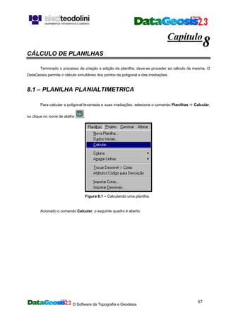O Software da Topografia e Geodésia
57
Capítulo
8
CÁLCULO DE PLANILHAS
Terminado o processo de criação e edição da planilha, deve-se proceder ao cálculo da mesma. O
DataGeosis permite o cálculo simultâneo dos pontos da poligonal e das irradiações.
8.1 – PLANILHA PLANIALTIMETRICA
Para calcular a poligonal levantada e suas irradiações, selecione o comando Planilhas Calcular,
ou clique no ícone de atalho .
Figura 8.1 – Calculando uma planilha.
Acionado o comando Calcular, o seguinte quadro é aberto:
 