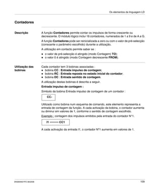 Os elementos da linguagem LD
SR2MAN01PO 08/2006 109
Contadores
Descrição A função Contadores permite contar os impulsos de forma crescente ou
decrescente. O módulo lógico inclui 16 contadores, numerados de 1 a 9 e de A a G.
A função Contadores pode ser reinicializada a zero ou com o valor de pré-selecção
(consoante o parâmetro escolhido) durante a utilização.
A utilização em contacto permite saber se :
o valor de pré-selecção é atingido (modo Contagem) TO);
o valor 0 é atingido (modo Contagem decrescente FROM).
Utilização das
bobinas
Cada contador tem 3 bobinas associadas :
bobina CC : Entrada impulso de contagem;
bobina RC : Entrada reposta no estado inicial do contador;
bobina DC : Entrada sentido de contagem.
A utilização destas bobinas é descrita a seguir.
Entrada impulso de contagem :
Símbolo da bobina Entrada impulso de contagem de um contador :
Utilizado como bobina num esquema de comando, este elemento representa a
entrada de contagem da função. A cada activação da bobina, o contador aumenta
ou diminui em valores de 1, conforme o sentido de contagem escolhido.
Exemplo : contagem dos impulsos emitidos pela entrada do contador N°1.
A cada activação da entrada I1, o contador Nº1 aumenta em valores de 1.
CC-
I1 CC1
 