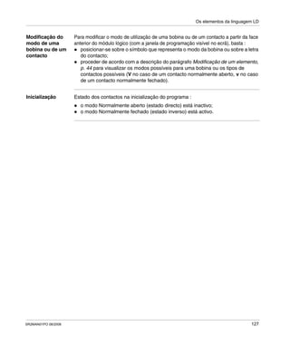 Os elementos da linguagem LD
SR2MAN01PO 08/2006 127
Modificação do
modo de uma
bobina ou de um
contacto
Para modificar o modo de utilização de uma bobina ou de um contacto a partir da face
anterior do módulo lógico (com a janela de programação visível no ecrã), basta :
posicionar-se sobre o símbolo que representa o modo da bobina ou sobre a letra
do contacto;
proceder de acordo com a descrição do parágrafo Modificação de um elemento,
p. 44 para visualizar os modos possíveis para uma bobina ou os tipos de
contactos possíveis (V no caso de um contacto normalmente aberto, v no caso
de um contacto normalmente fechado).
Inicialização Estado dos contactos na inicialização do programa :
o modo Normalmente aberto (estado directo) está inactivo;
o modo Normalmente fechado (estado inverso) está activo.
 