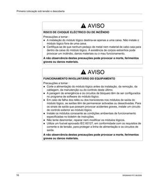 Primeira colocação sob tensão e descoberta
16 SR2MAN01PO 08/2006
AVISO
RISCO DE CHOQUE ELÉCTRICO OU DE INCÊNDIO
Precauções a tomar :
A instalação do módulo lógico destina-se apenas a uma caixa. Não instale o
módulo lógico fora de uma caixa.
Certifique-se de que nenhum pedaço de metal nem material de cabo caia para
dentro da caixa do módulo lógico. A existência de corpos estranhos pode
provocar um incêndio, danos materiais ou o mau funcionamento.
A não observância destas precauções pode provocar a morte, ferimentos
graves ou danos materiais.
AVISO
FUNCIONAMENTO INVOLUNTÁRIO DO EQUIPAMENTO
Precauções a tomar :
Corte a alimentação do módulo lógico antes da instalação, da remoção, da
cablagem, da manutenção ou do controlo deste último.
A paragem de emergência e os circuitos de bloqueio têm de ser configurados
no programa de software do módulo lógico.
Em caso de falha dos relés ou dos transístores nos módulos de saída do
módulo lógico, as saídas têm de permanecer activadas ou desactivadas. Para
os sinais de saída que possam provocar acidentes graves, instale um circuito
de controlo exterior ao módulo lógico.
Instale os módulos consoante as condições ambientais de funcionamento
especificadas no boletim de instruções.
Não tente desmontar, reparar nem modificar os módulos lógicos.
Utilize um fusível aprovado IEC 60127, em conformidade com os requisitos de
corrente e de tensão, para proteger a linha de alimentação e os circuitos de
saída.
A não observância destas precauções pode provocar a morte, ferimentos
graves ou danos materiais.
 