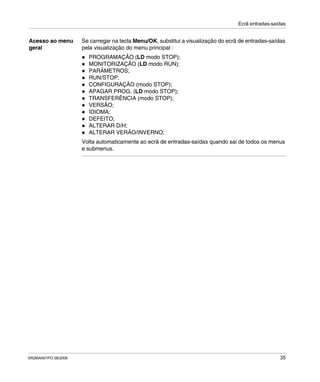 Ecrã entradas-saídas
SR2MAN01PO 08/2006 35
Acesso ao menu
geral
Se carregar na tecla Menu/OK, substitui a visualização do ecrã de entradas-saídas
pela visualização do menu principal :
PROGRAMAÇÃO (LD modo STOP);
MONITORIZAÇÃO (LD modo RUN);
PARÂMETROS;
RUN/STOP;
CONFIGURAÇÃO (modo STOP);
APAGAR PROG. (LD modo STOP);
TRANSFERÊNCIA (modo STOP);
VERSÃO;
IDIOMA;
DEFEITO;
ALTERAR D/H;
ALTERAR VERÃO/INVERNO;
Volta automaticamente ao ecrã de entradas-saídas quando sai de todos os menus
e submenus.
 