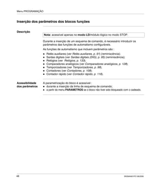 Menu PROGRAMAÇÃO
48 SR2MAN01PO 08/2006
Inserção dos parâmetros dos blocos funções
Descrição
Durante a inserção de um esquema de comando, é necessário introduzir os
parâmetros das funções de automatismo configuráveis.
As funções de automatismo que incluem parâmetros são :
Relés auxiliares (ver Relés auxiliares, p. 91) (reminiscência);
Saídas digitais (ver Saídas digitais (DIG), p. 95) (reminiscência);
Relógios (ver Relógios, p. 133);
Comparadores analógicos (ver Comparadores analógicos, p. 128);
Temporizadores (ver Temporizadores, p. 99);
Contadores (ver Contadores, p. 109);
Contador rápido (ver Contador rápido, p. 116).
Acessibilidade
dos parâmetros
A parametrização do bloco é acessível :
durante a inserção da linha de esquema de comando;
a partir do menu PARAMETROS se o bloco não tiver sido bloqueado com o cadeado.
Nota: acessível apenas no modo LD/módulo lógico no modo STOP.
 